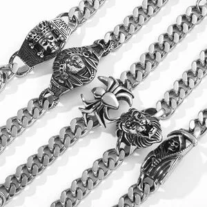Wholesale Men's Titanium Steel Death Skull Vintage Indian Military Tag Stainless Steel Bracelet in Stock Skull Lion Bracelets