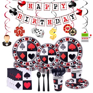 Nicro Casino Poker Game Themed Birthday Party Supplies Paper Cup Paper Plate Swirl Banner Cutlery Casino Party Tableware Set