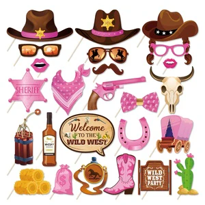 Huancai Wild West Cowgirl Photo Booth Props 25 Pcs Party Props Kit with Wooden Sticks for Girls Birthday Western Party Supplies