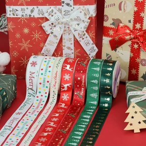 Custom Printed Merry Christmas 9/16/25MM Width Polyester Fabric Grosgrain Satin Christmas Ribbons Roll for Christmas Decor