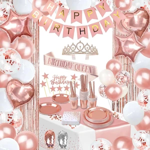 Rose Gold Happy Birthday Party Decorations Set Balloon Stand Kit With Tableware Tablecloth Banner Tassel Curtain Balloon