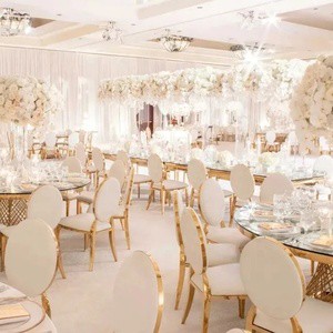 Party Outdoor Event Banquet Wedding Luxury Chairs Reception Stacking Cream Padded Hotel Stainless Steel Decor Gold Rim Chairs