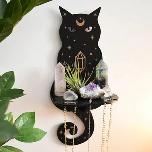 Black Cat Wolf Wooden Wall Shelf, Moon Star Celestial Floating Wall Rack, Wiccan Witch Altar Crystal Candle Display Decor