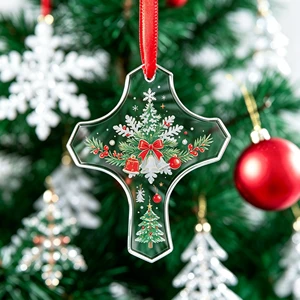 HBL Christmas Decoration Engraving Clear Glass Cross Shape Hanging Beveled Glass Christmas Tree Ornament