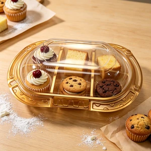 Premium Gold Metallic Dessert Platter Box 6 Grid With Crystal Clear Dome Cover Carry Handle For Catering Event