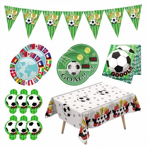 Soccer Party Supplies Kit with Plates Napkins Tablecloth Banner Disposable Tableware Set Soccer Sports Theme Decorations