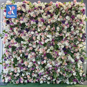 Promise Hot Selling Silk Plastic Artificial Roll Flower Wall Customizable Size 8x8ft Wedding Panel Decoration Model PFW-32