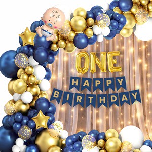 ONE Happy Birthday Decoration Combo Pack 58 Pcs Blue Gold White Balloon Kit with One Foil Banner Lights