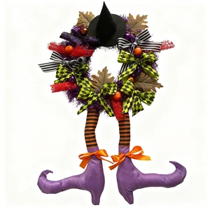 Artificial Modern Halloween Wreath Eco-Friendly Front Door Party Decoration with Witch Hat and Pumpkin