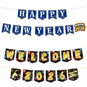 Happy New Year 2026 Banner Happy New Year Party Supplies Hanging Bunting for New Year's Eve Party Supplier Decorations