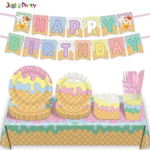 Summer Party Decoration Ice Cream Themed Disposable Tableware Decoration Paper Tableware Set Party Supplies Dinner Plates Sets