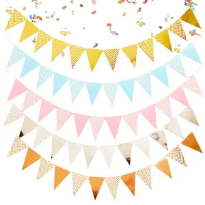 Metallic Triangle Bunting Banner Set Gold Silver Pink Blue Foil Pennant Flags for Birthday Parties Weddings Decor