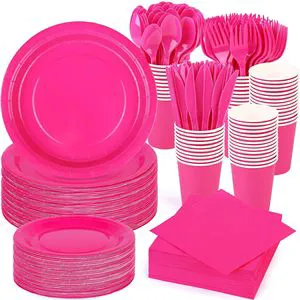 Solid Color Party Tableware Set Rose Red Birthday Party Decorations Pure Color Disposable Paper Plates and Cups