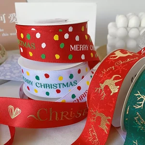 Wholesale Merry Christmas Printed Grosgrain Ribbon Gold Foil Elk Snowflake Ribbon for Gift Wrapping Hair Bows Holiday Decoration