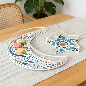 Ramadan Decorations Moon Star Metal Tray Set-'Ramadan Kareem' Printed Serving Tray for Iftar Party Table Decor