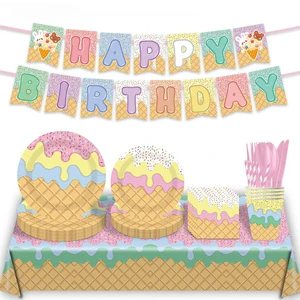 Summer Ice Cream Birthday Party Tableware Set Disposable Tablecloth Paper Plates Cups Napkins Table Runner Banner Birthday Decor