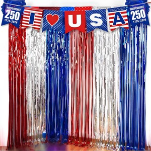 Wholesale Foil Fringe Curtain & 250th Anniversary Patriotic Banner Combo 4th of July Party Backdrop Set for Events