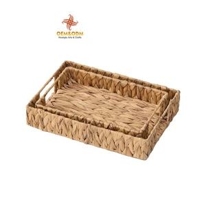 Minimalist Handmade Rectangle Straw Flower Fruit Water Hyacinth Wicker Picnic Storage Baskets Tray For Home Kitchen Decoration