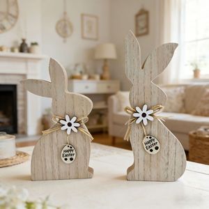 Rustic Spring Wooden Rabbit Figurine - Happy Easter Egg Hanging Decor for Home and Party