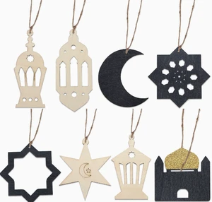 DAMAI Eid Muslim Wooden Ornaments Moon Star Lantern Hanging Decor for Ramadan Home Door Decoration