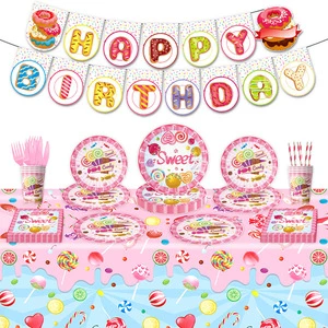 HLC Candy Lollipop Theme Birthday Party Tableware Candy Birthday Party Supplies Pink Plates Napkin Cups Tablecloths Banners Sets