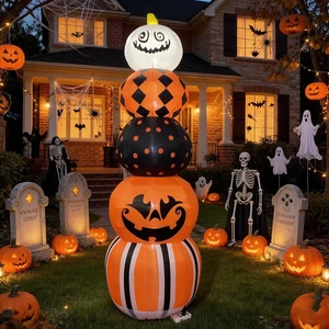 Halloween Inflatable Pumpkin Totem Pole 5pcs LED White Lights 10ft Spooky Jack-O-Lantern Stack Outdoor Decor Hot Selling