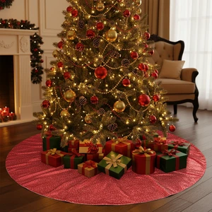 48 Inches Double Layers Red Sequin Glitter Eco-Friendly Washable Christmas Tree Skirt Xmas Tree Mat for Holiday Party