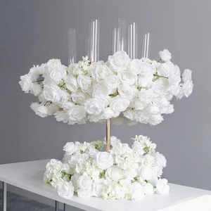 LFB2318 Luckygoods Wholesale White Rose Artificial Flower Set Wedding Table Centerpiece Flower Arrangement with Metal Stand