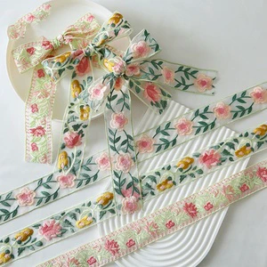 INUNION 38MM Chinese Embroidery Applique Flower Wrapping Paper Embroidered Ribbon Woven Edge Satin Ribbon