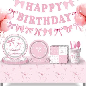 Pink Bow Theme Birthday Christmas Halloween Disposable Paper & Plastic Tableware Set with Tray Cups Flags Tablecloth