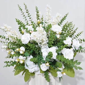 70CM Customized Wedding Event Table Decoration Floral Geometric Stand Decorative White Flower Ball With Eucalyptus Leaves
