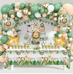Wild One Jungle Animal Theme Balloon Arch Kit Paper Party Supplies Decor for Unisex Birthdays Backdrop Tablecloth