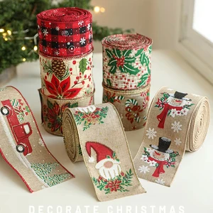 Factory Christmas Ribbon with Wired Edge Printed Santa Snowman Plaid Design on Linen-like Fabric for Tree Wreath Gift Wrapping