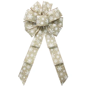 Natural & White Snowflake Christmas Ribbon Bow 2.5-Inch Wide 10-Inch Long Wired Polyester Stretch Loop Christmas Decorations