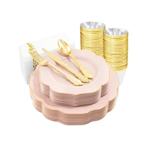 175PCS Gold Plastic Plates with Disposable Silverware Plastic Tableware Include Ideal for Weddings