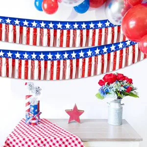 Patriotic Star Foil Fringe Garland Red White Blue Metallic Tinsel Banner for 4th of July Independence Day Party Backdrop Decor