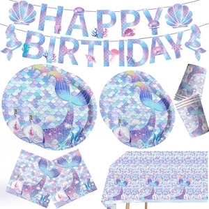 Mermaid Birthday Party Disposable Tableware Set - Shiny Paper Plate, Cup, Napkin Fish Scale Style Party Supplies