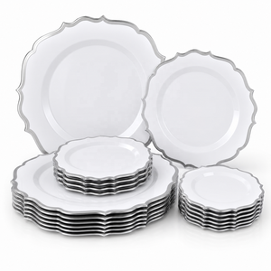 In-stock PS White&Sliver Disposable Plastic Party Plates Retro Gold Rim-10.25&7.5 in Dessert Appetizer Plates for Party,Wedding