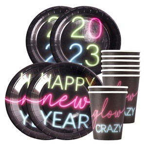 2023新年快乐派对用品霓虹生日派对餐具套装主题派对装饰