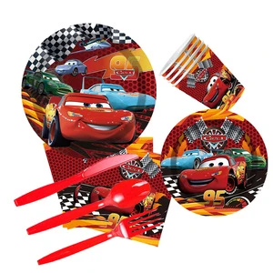 Cars-Themed Cartoon Birthday Party Decoration Supplies Disposable Paper Cups Plates Napkins Tablecloths Tableware Set
