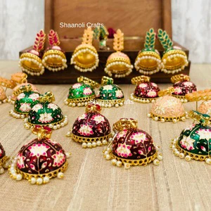 Indian High Quality Traditional Floral Hand Painted Meenakari Party Favors Jhumka Gold-Plated Beaded Earrings for Women Wedding