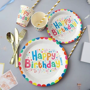 Happy Birthday Disposable Party Tableware Set Includes Paper Plates for Table Decorations