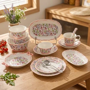 French Country Floral Porcelain Set Bowknot Edge Plates Bowls Mugs Kitchen Tableware Ceramic Dinner Sets for Wedding Gift