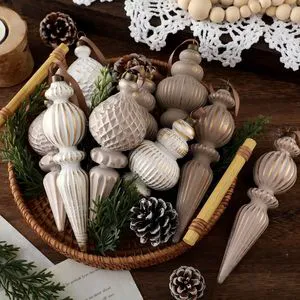 Neutral Christmas Ornaments Textured Christmas Tree Decor Hanging Finial Ornaments Shatterproof For Xmas Rustic Farmhouse