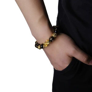 Black Obsidian Beads Wristband Jewelry Women Men Gold Brave Troops Pixiu Bracelet