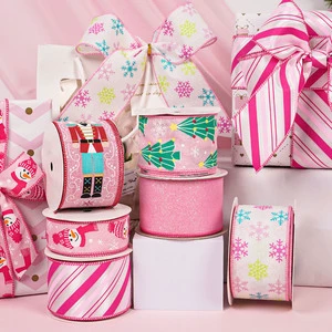 Christmas Wired Edge Ribbon Pink Xmas Winter Holiday Craft Buffalo Santa Snowman Snowflake Christmas Tree Gift Wrapping Ribbon