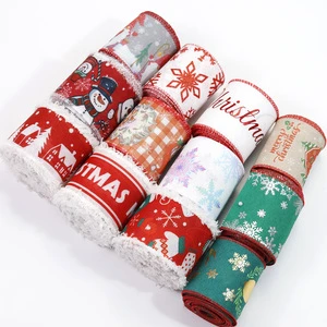 Stocked Red Green 6.3cm Christmas Ribbon White Plush Wired Edge For Holiday