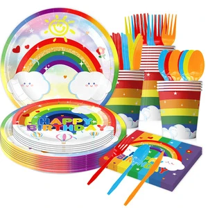 Rainbow Theme Party Supplies Disposable Paper Tableware Set Children's Birthday Valentine's Day Table Decoration Banner Dinner