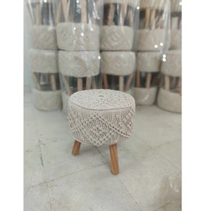 Vintage Round Small Macrame Pouf with Wooden Legs for Decoration and Sitting
