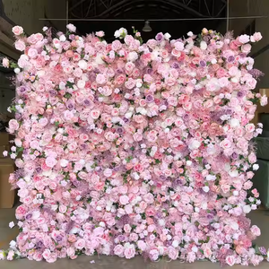 A15 Fake Floral Backdrop Curtain Mat Panel 5D Roll up Pink Faux Silk Artificial Rose Flower Wall for Wedding Event Stage Decor
